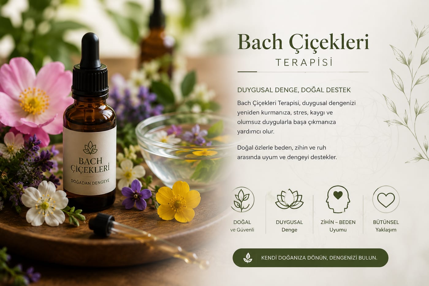 Bach Çiçekleri Terapisi tanıtım afişi: doğal özler, duygusal denge, zihin–beden uyumu