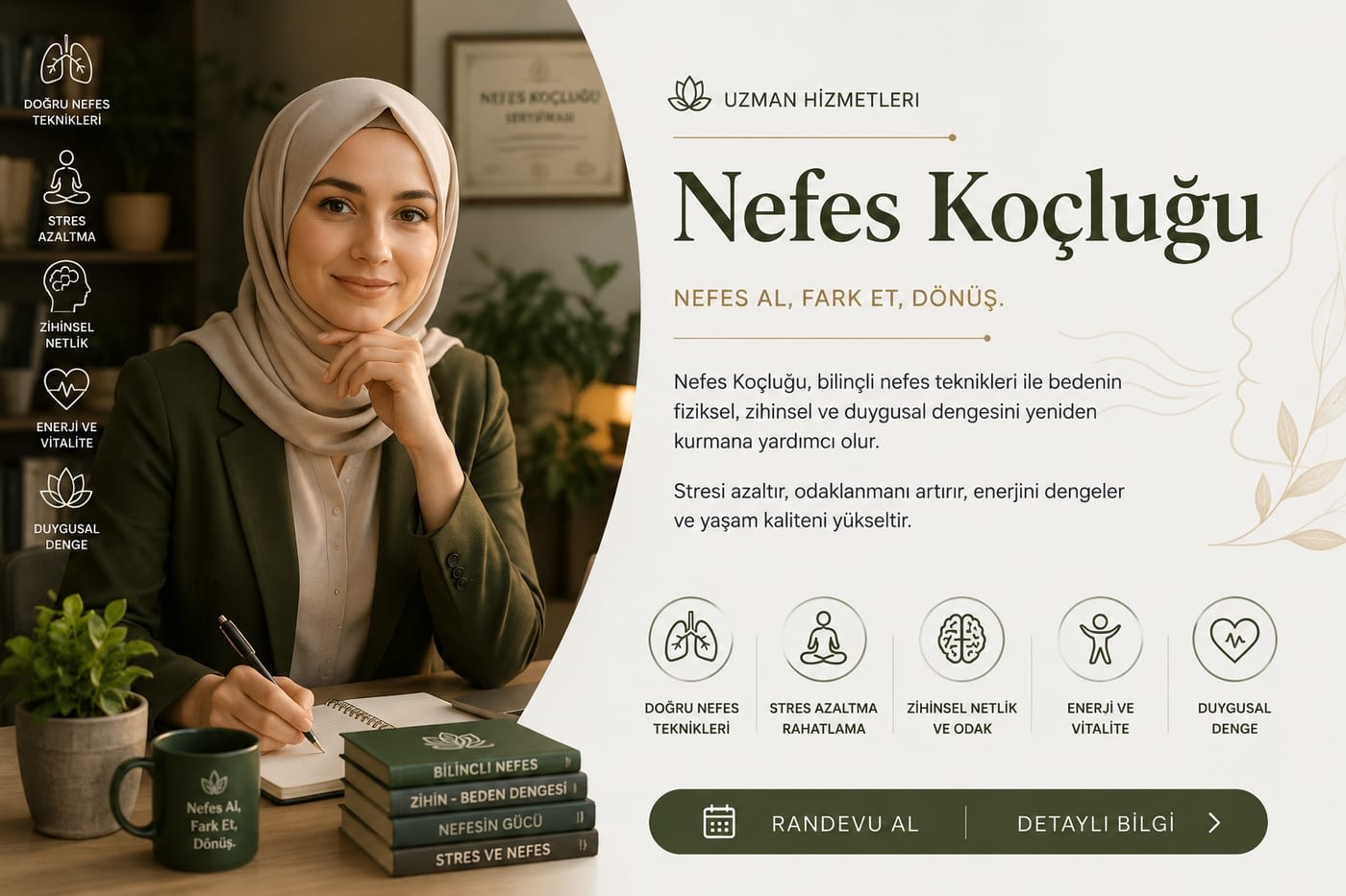 Nefes Koçluğu tanıtım afişi: doğru nefes teknikleri, stres azaltma, zihinsel netlik, enerji, duygusal denge