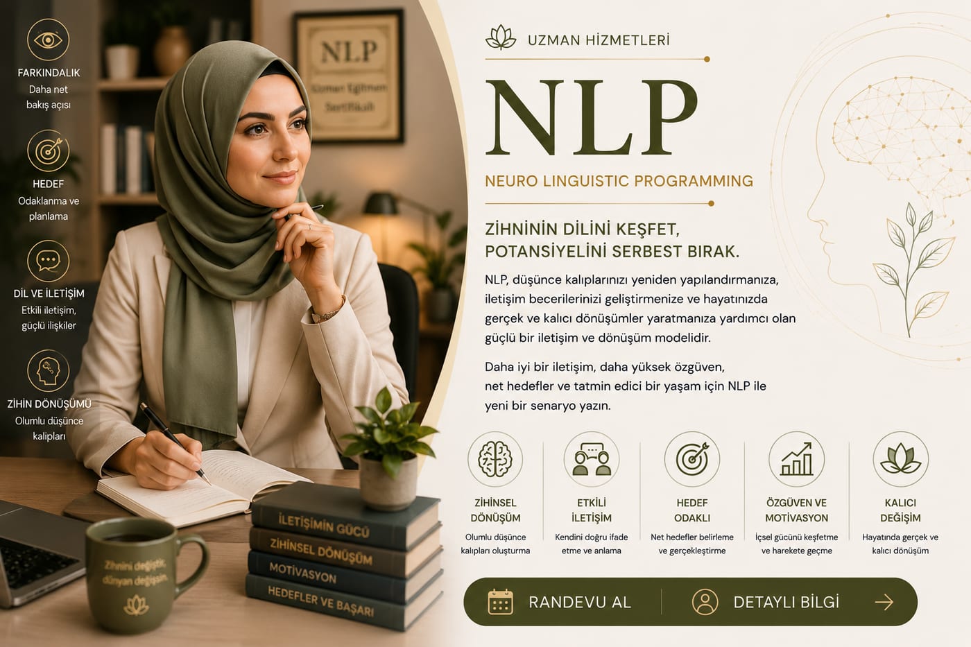 NLP tanıtım afişi: zihinsel dönüşüm, etkili iletişim, hedef odaklılık, özgüven, kalıcı değişim