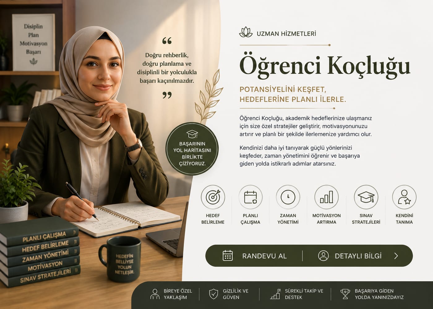 Öğrenci Koçluğu tanıtım afişi: hedef belirleme, planlı çalışma, zaman yönetimi, motivasyon, sınav stratejileri