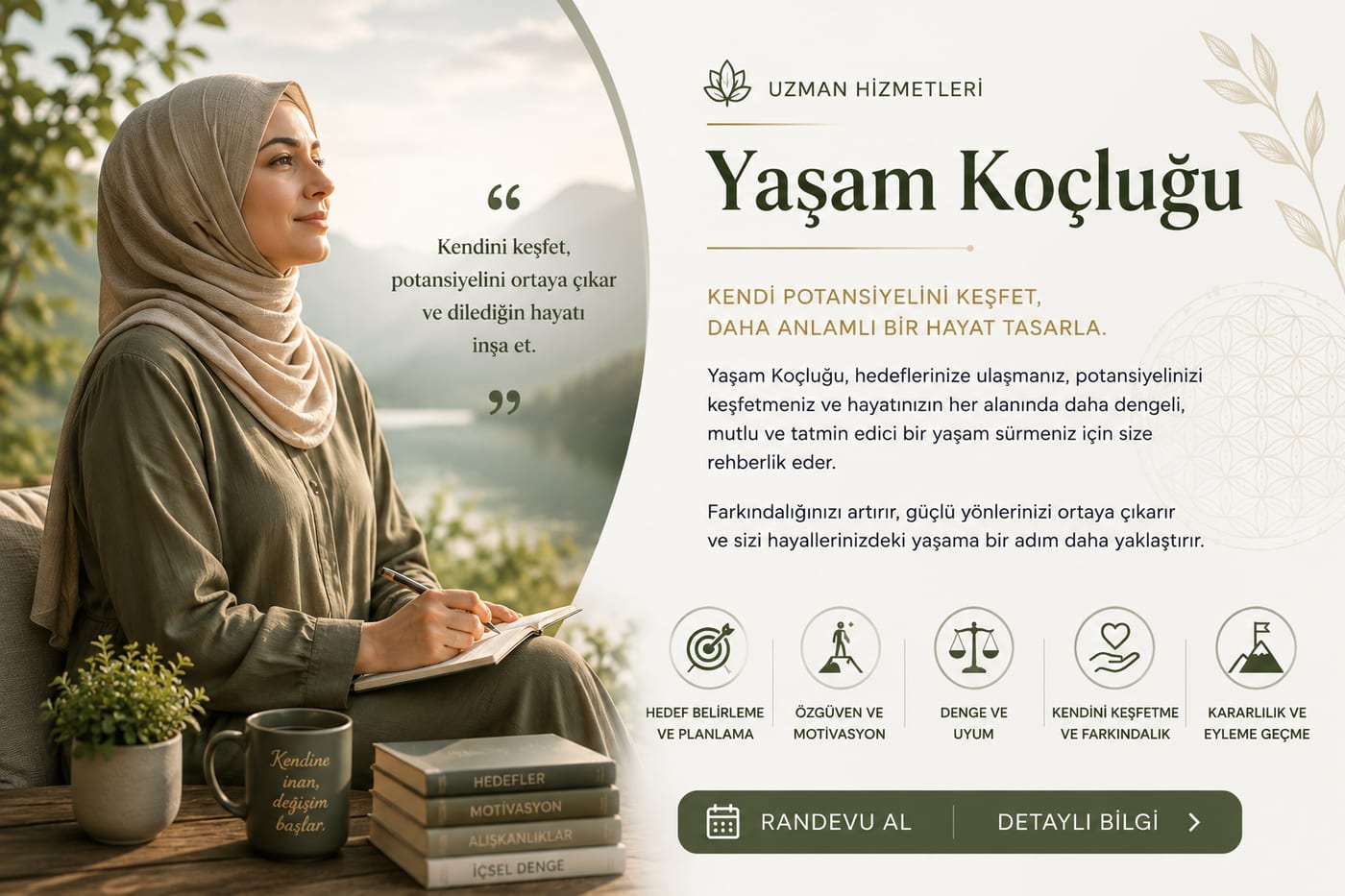 Yaşam Koçluğu tanıtım afişi: hedef belirleme, özgüven, denge, kendini keşfetme, eyleme geçme
